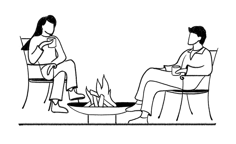 Illustration of couple sitting by a fire pit